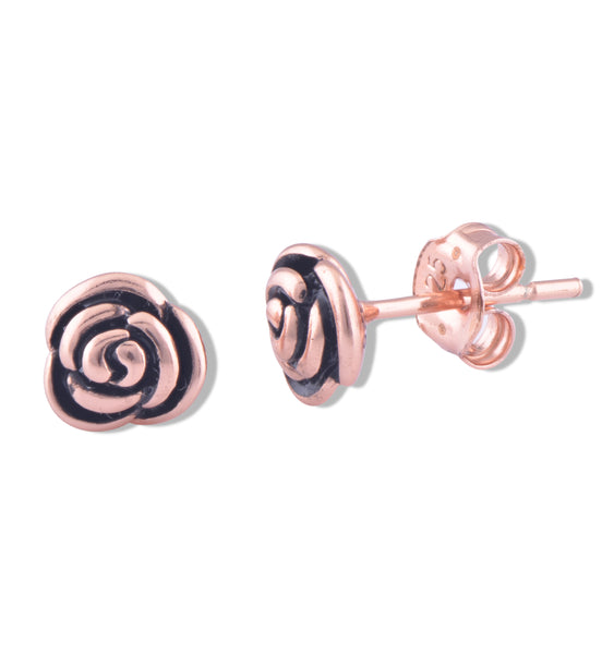Rose Gold Plated Silver Girls Dainty Black Enamel Rose Flower Stud Earrings - 7mm