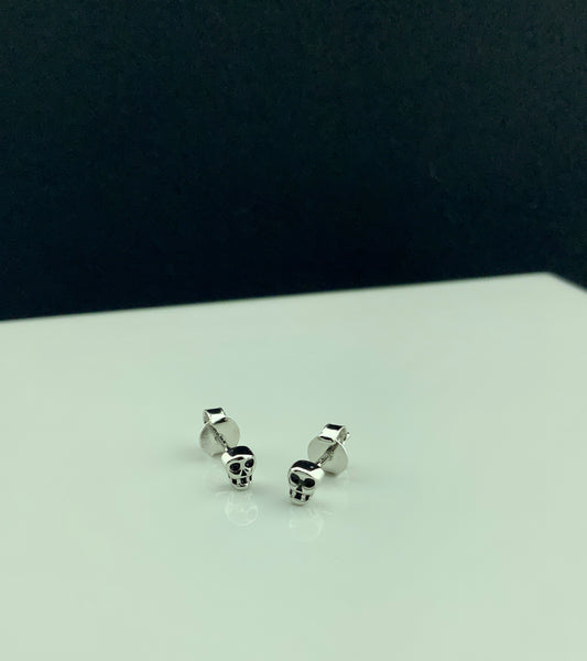 Girls Dainty Tiny Skull Halloween Stud Earrings White Gold Over Sterling Silver - 4mm