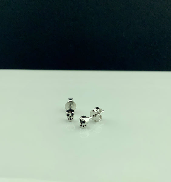 Girls Dainty Tiny Skull Halloween Stud Earrings White Gold Over Sterling Silver - 4mm