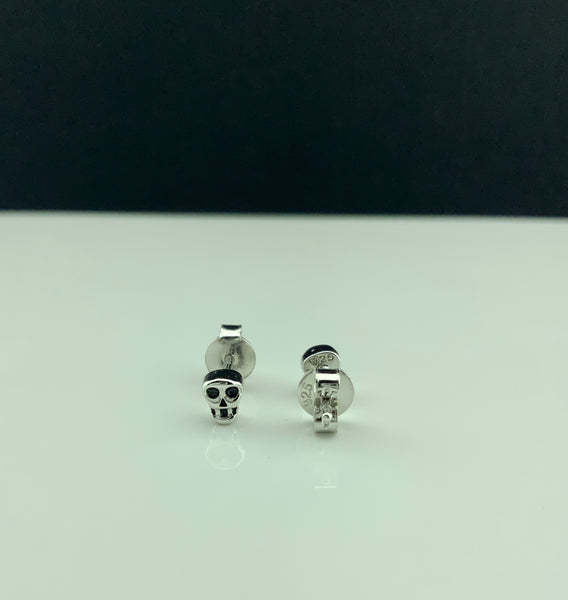 Girls Dainty Tiny Skull Halloween Stud Earrings White Gold Over Sterling Silver - 4mm