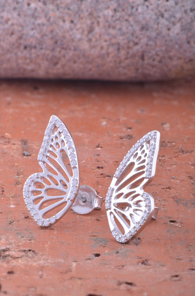 White Gold Over Sterling Silver Ladies Large Cz Half Butterfly Earrings