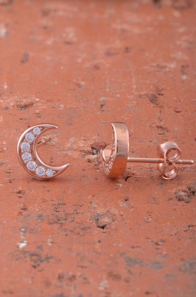 Rose Gold Plated Sterling Silver Womens Small Cz Crescent Moon Stud Earrings