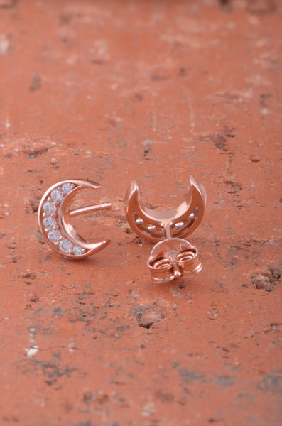 Rose Gold Plated Sterling Silver Womens Small Cz Crescent Moon Stud Earrings