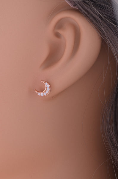 Rose Gold Plated Sterling Silver Womens Small Cz Crescent Moon Stud Earrings