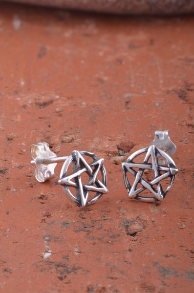 Sterling Silver Women's Dainty Oxidized Wiccan Pentagram Star Pentacle Stud Earrings