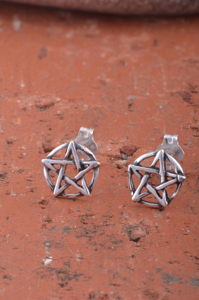 Sterling Silver Women's Dainty Oxidized Wiccan Pentagram Star Pentacle Stud Earrings