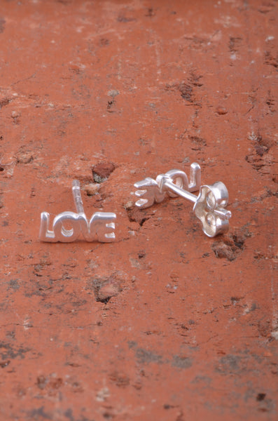 Sterling Silver Womens Dainty Love Word Stud Earrings