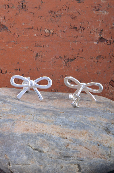 Sterling Silver Girls Medium Bow Ribbon Stud Earrings