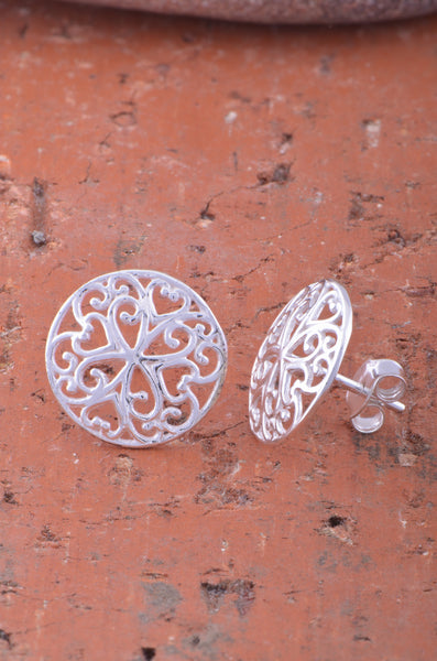 Sterling Silver Girls Big Boho Filigree Heart Stud Earrings - 14mm