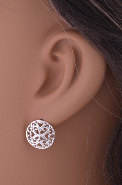 Sterling Silver Girls Big Boho Filigree Heart Stud Earrings - 14mm