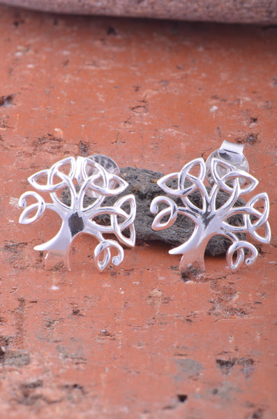 Sterling Silver Girls Medium Celtic Triquetra Trinity Tree Stud Earrings