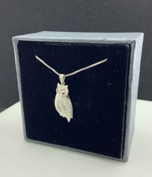 White Gold Vermeil Sterling Silver Ladies Cz Owl Charm Necklace 18"