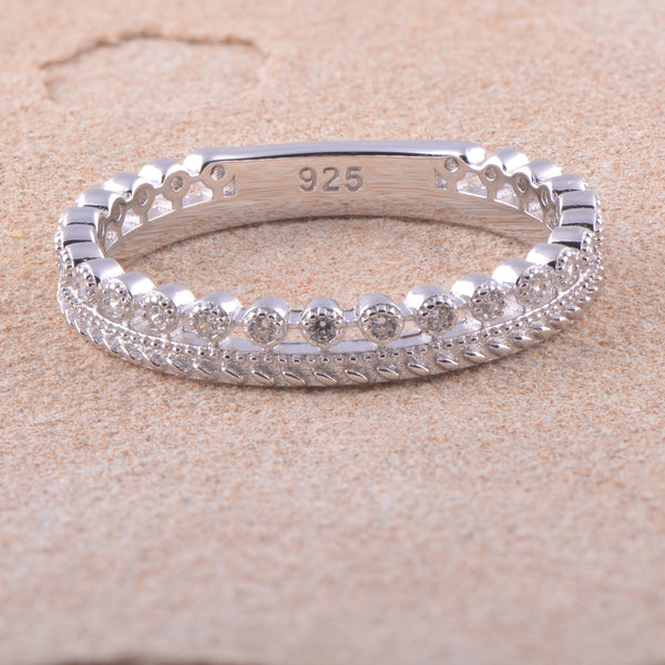 White Gold Over Sterling Silver Women's Thin Double Row Cz Eternity Band