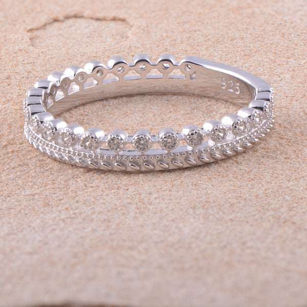 White Gold Over Sterling Silver Women's Thin Double Row Cz Eternity Band