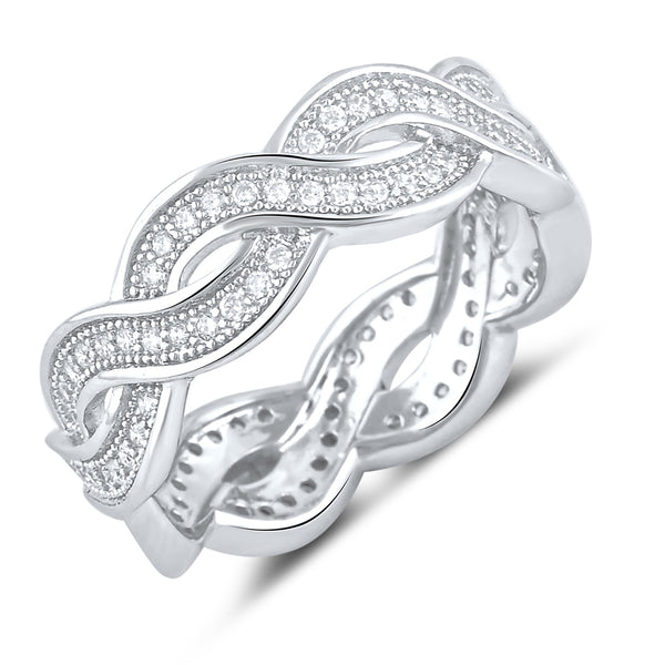 White Gold Over Sterling Silver Womens Wide Simulated Diamond Twisted Eternity Band Ring