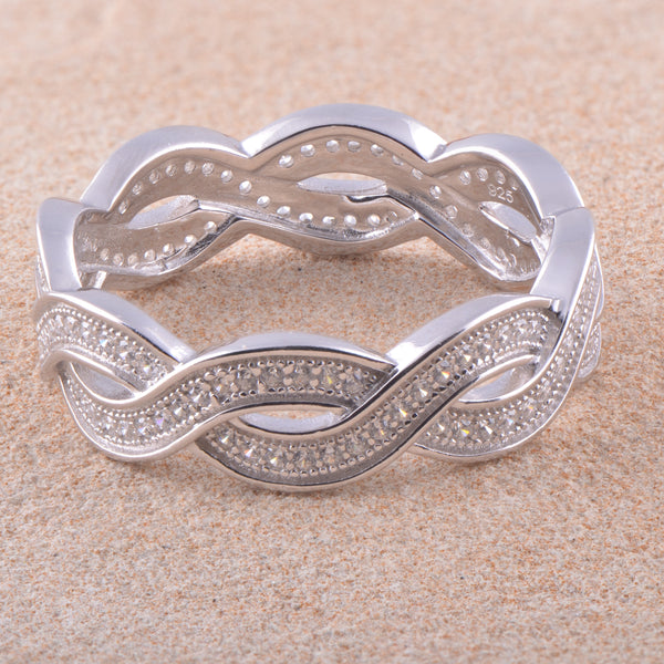 White Gold Over Sterling Silver Womens Wide Simulated Diamond Twisted Eternity Band Ring