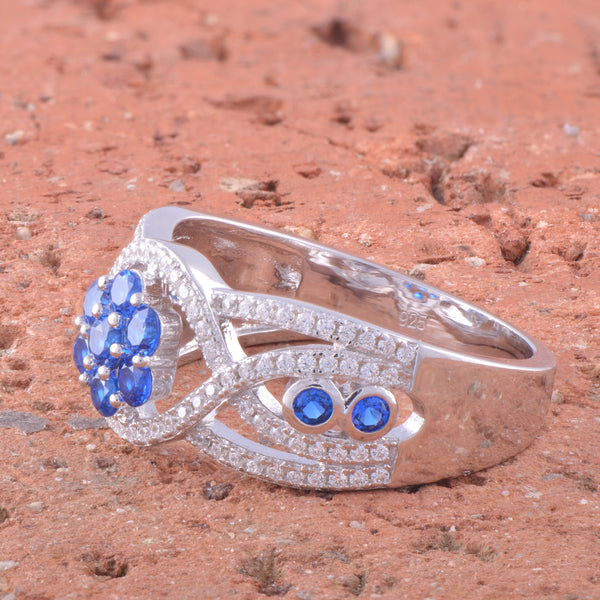 White Gold Over Sterling Silver Simulated Blue Sapphire Flower Ring