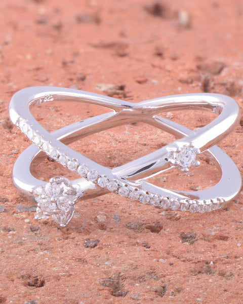White Gold Over Sterling Silver Womens Cz Criss Cross Flower Statement Ring