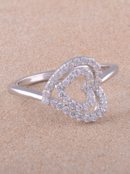 White Gold Over Sterling Silver Womens Dainty Moissanite Sideways Heart Ring