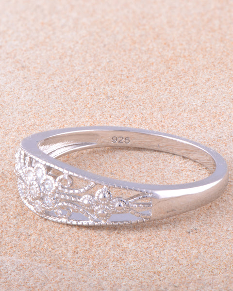 White Gold Over Sterling Silver Womens Dainty Filigree Cz Victorian Flower Ring