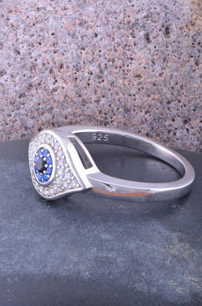 White Gold Over Sterling Silver Womens Blue Cz Evil Eye Amulet Ring