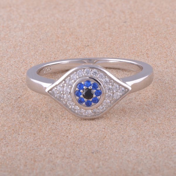 White Gold Over Sterling Silver Womens Blue Cz Evil Eye Amulet Ring