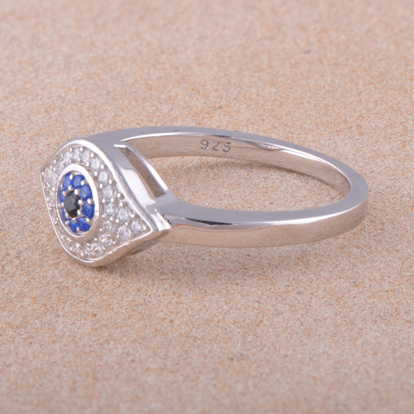 White Gold Over Sterling Silver Womens Blue Cz Evil Eye Amulet Ring