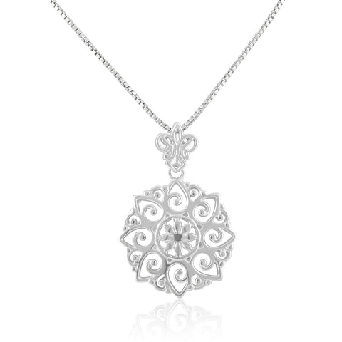 SilverCloseOut Sterling Silver Delicate Bali Flower Necklace for Women Girls Silver Filigree Bali Flower Jewelry Gifts for Christmas / Valentine Day / Birthday