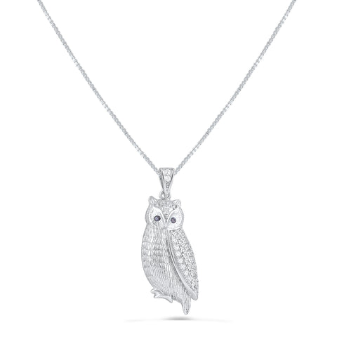 White Gold Vermeil Sterling Silver Ladies Cz Owl Charm Necklace 18"