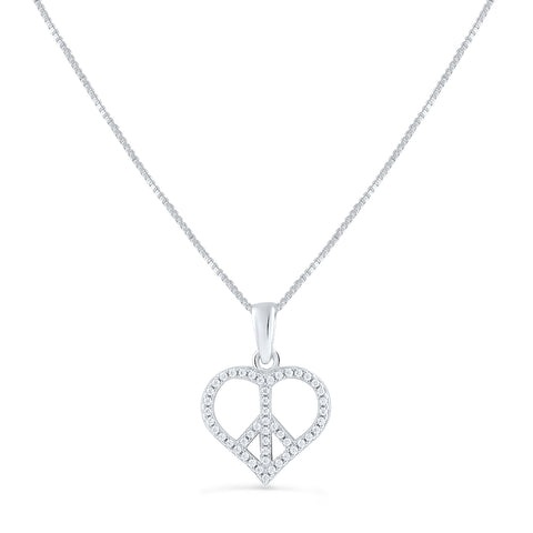 Sterling Silver Cz Peace Sign Heart Necklace 18"