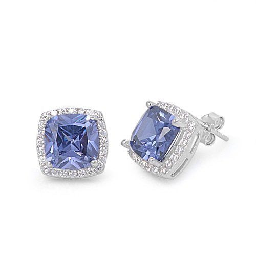 Sterling Silver Blue Cz Halo Stud Earrings - 11mm