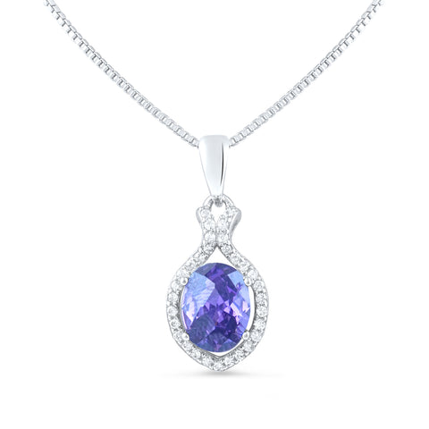 Sterling Silver Purple CZ Oval Drop Necklace