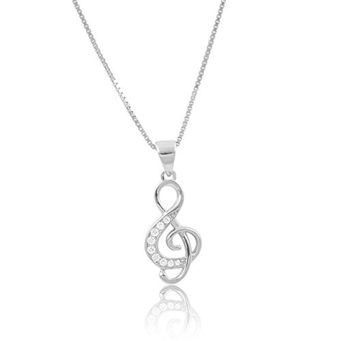 Sterling Silver Cz Treble Clef Music Note Necklace