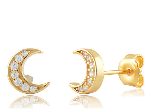 Yellow Gold Vermeil Womens Cz Crescent Moon Stud Earrings