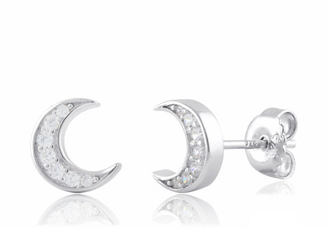 White Gold Over Sterling Silver Women's Cz Crescent Moon Stud Earrings