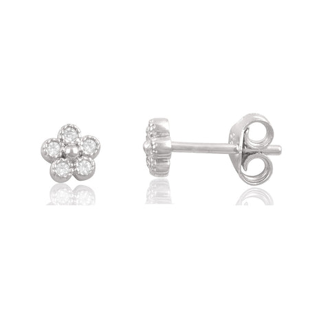 White Gold Over Sterling Silver Womens Tiny Flower Cz Stud Earrings