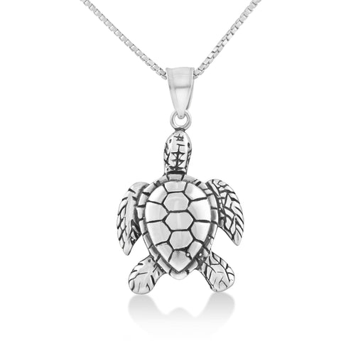 Rhodium Plated Sterling Silver Unisex Kemps Sea Turtle Necklace