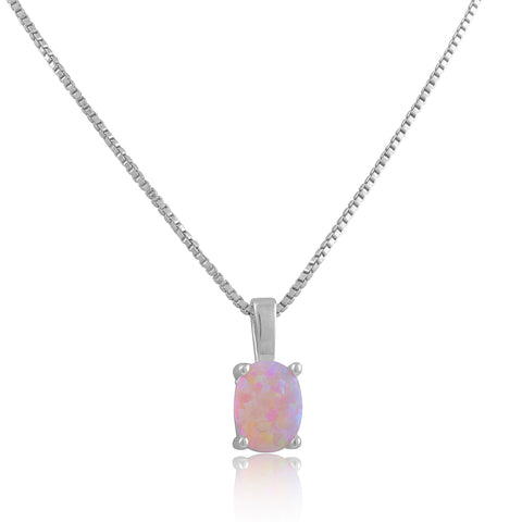 Sterling Silver Oval Created Pink Opal Necklace 18"