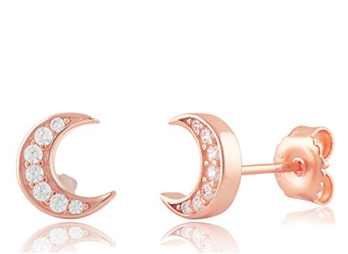 Rose Gold Plated Sterling Silver Womens Small Cz Crescent Moon Stud Earrings