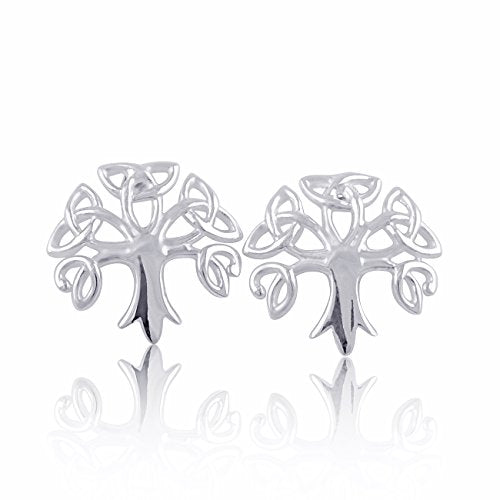 Sterling Silver Girls Medium Celtic Triquetra Trinity Tree Stud Earrings