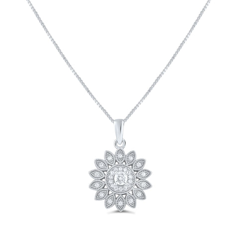 Sterling Silver Cz Sunflower Charm Necklace 18"